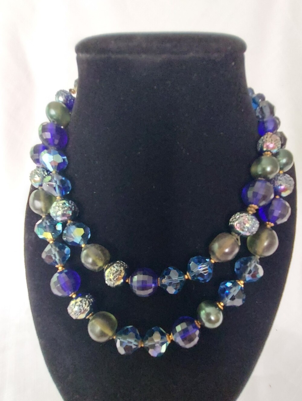 DeMario Blue Iridescent Art Glass Beaded Choker Necklace Signed 1950s - 60s